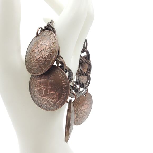 Vintage 1950s South African Coin Charm Bracelet Copper Five Cent Travel Chain - Picture 13 of 14